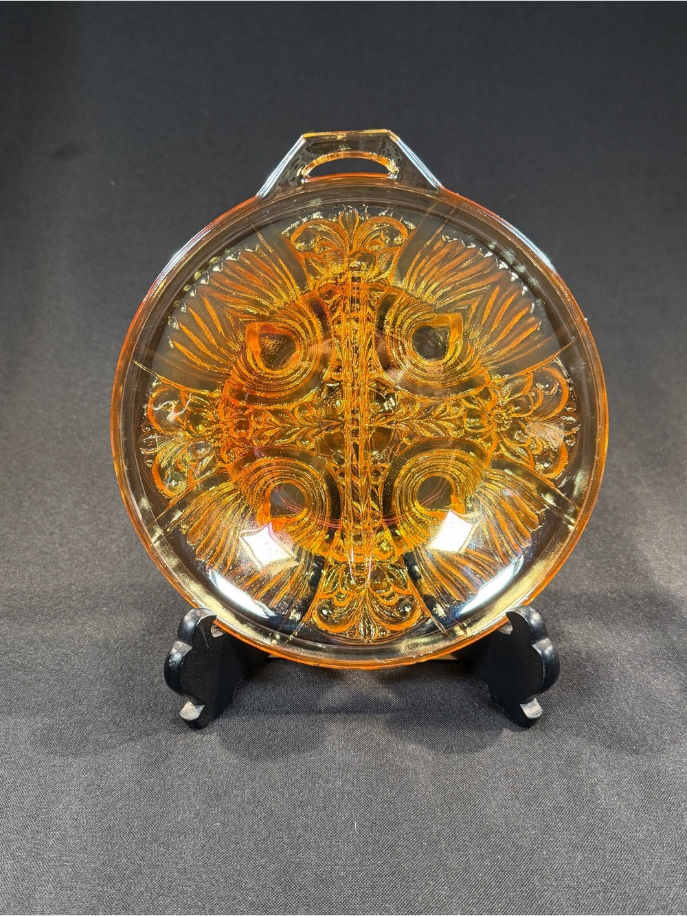 Indiana Glass Amber Peacock Motif Round Display Plate